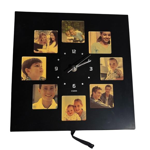 Melannco Black Aluminum Wall Clock With 8 Photo Frames on Front 9" x 9" NWT - Picture 1 of 3